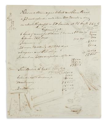 ROBERT FULTON. Autograph Manuscript, unsigned, with an ink drawing Signed, R.F, on verso. The manuscript, 14 l...